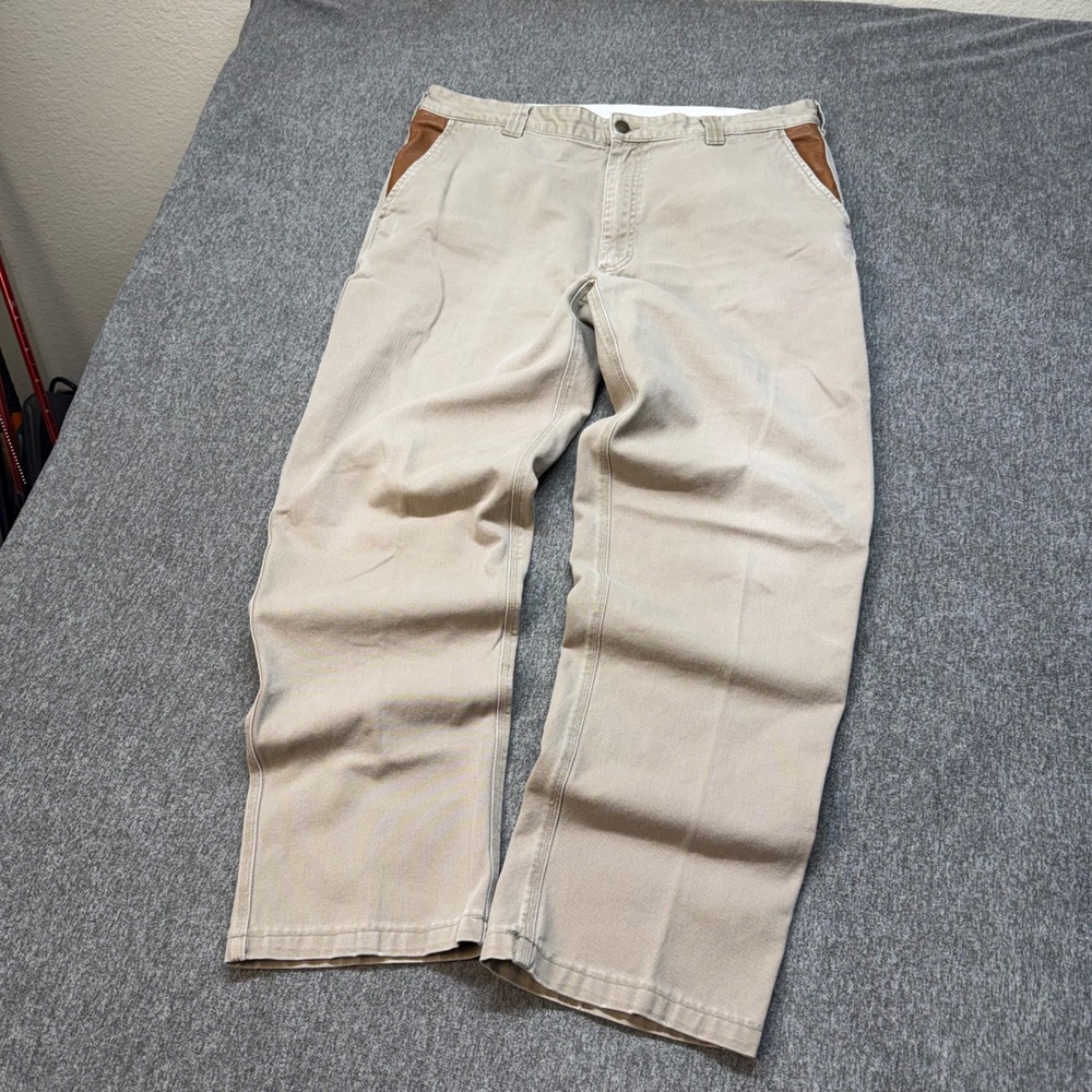 Orvis Zambezi Twill Khaki Pants Mens 38x34 Tan Cotton Leather Trim Chinos 000